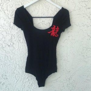 LF Emma and Sam Black Low Back Bodysuit Red Chinese Character Applique NWT Small